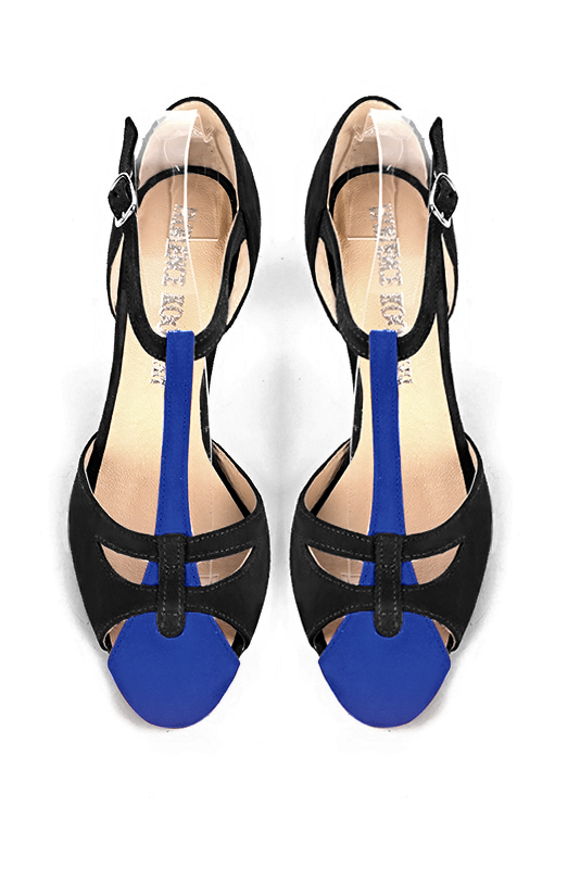 Electric blue and matt black women's T-strap open side shoes. Round toe. High kitten heels. Top view - Florence KOOIJMAN